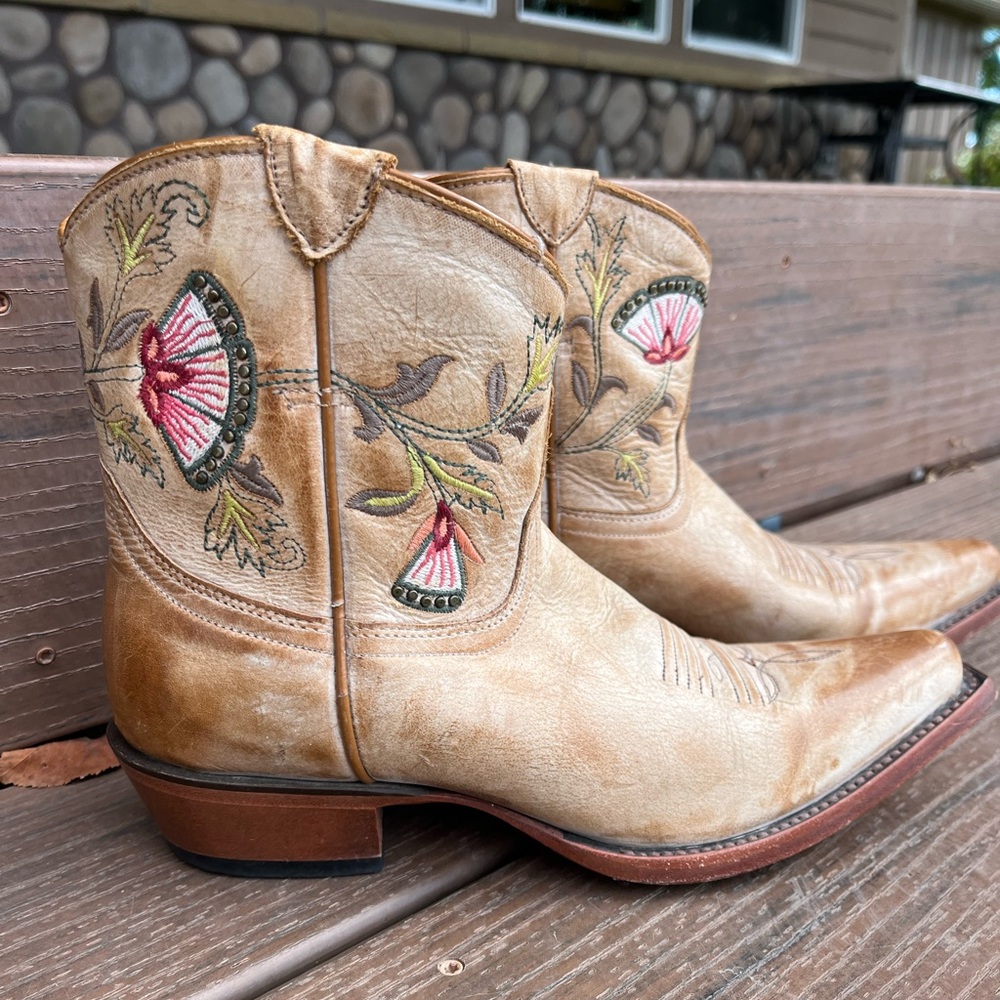 Shyanne Tan Floral Embroidered Ankle Boots